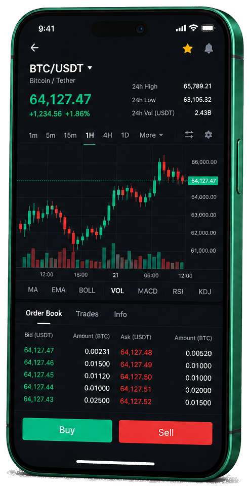 Interface mobile de trading Frame Imitrex 500 — cours BTC/USDT en temps réel, carnet d’ordres et outils de suivi des opérations